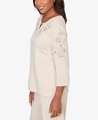 Alfred Dunner Women's Seville Floral Embroidered Beaded Split Neck Top