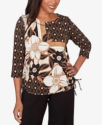 Alfred Dunner Women's Seville Floral Geometric Patchwork Side- Tie Crewneck Top