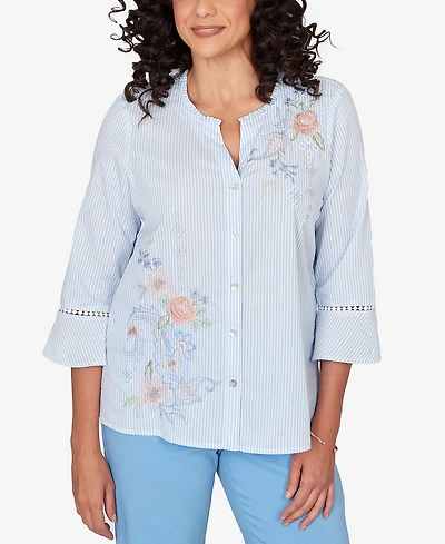 Alfred Dunner Women's St. Augustine Striped Floral Embroidered Button-Down Top