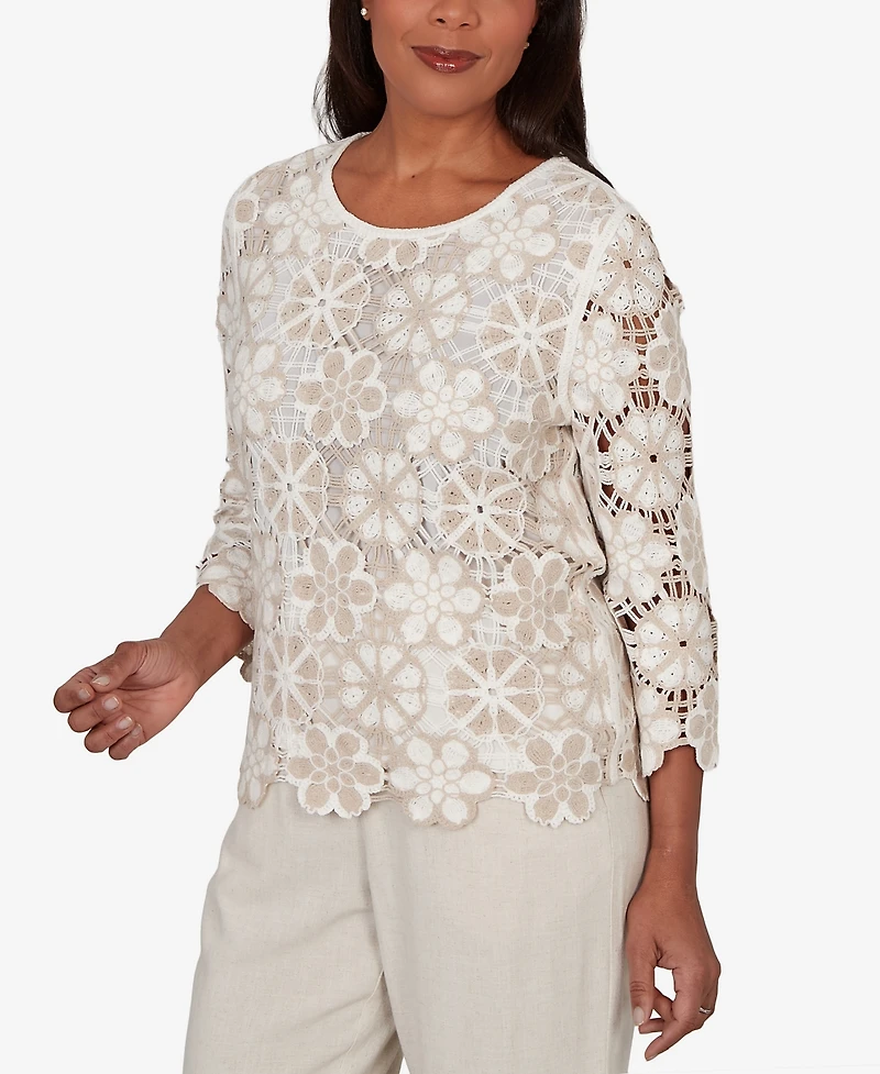 Alfred Dunner Women's Natural Wonder Floral Crochet Three-Quarter-Sleeve Top