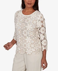 Alfred Dunner Women's Natural Wonder Floral Crochet Three-Quarter-Sleeve Top
