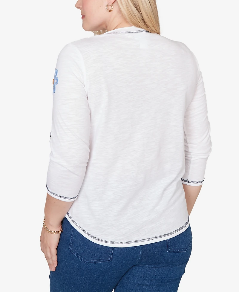 Alfred Dunner Women's Port Side Embellished Floral Button Top