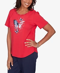 Alfred Dunner Women's Lady Liberty Sparkling Americana Butterfly Crewneck T-shirt