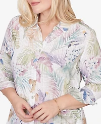 Alfred Dunner Women's Vintage Charm Tropical Button Front Tie Sleeve Top
