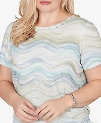 Alfred Dunner Women's Vintage Charm Wavy Biadere Side-Tie Ruched Crewneck T-shirt