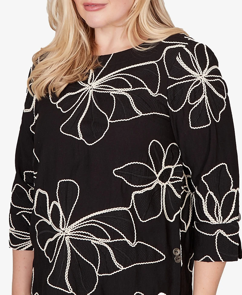 Alfred Dunner Women's Detail Driven Flower Soutache 3/4-Sleeve Top