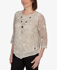 Alfred Dunner Women's Detail Driven Popcorn Mesh Pointed Hem Top with Necklace