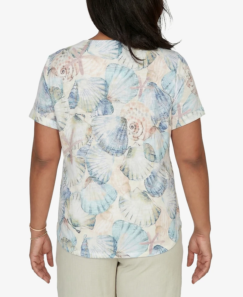 Alfred Dunner Women's Vintage Charm Seashells Embellished Short-Sleeve Top