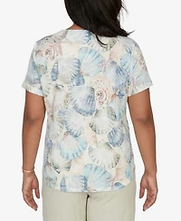 Alfred Dunner Women's Vintage Charm Seashells Embellished Short-Sleeve Top