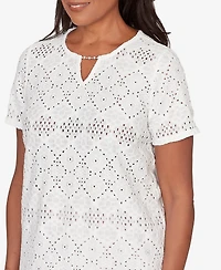 Alfred Dunner Women's Vintage Charm Solid Eyelet Split Beaded Neck Top