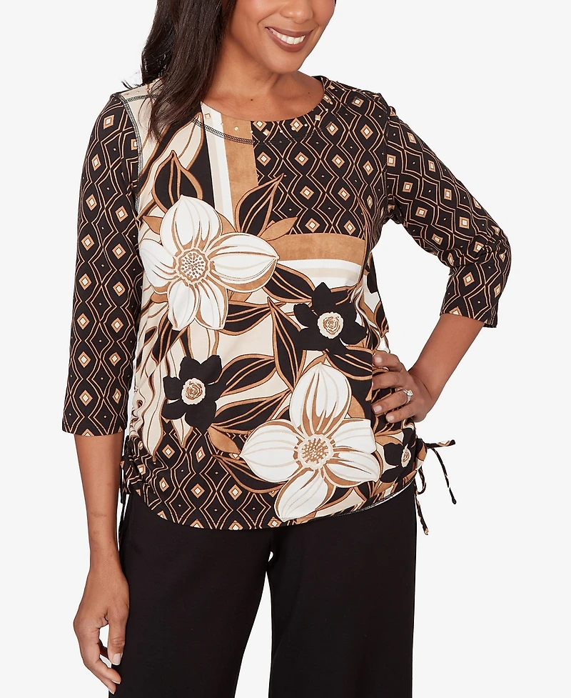 Alfred Dunner Women's Seville Floral Geometric Patchwork Side- Tie Crewneck Top