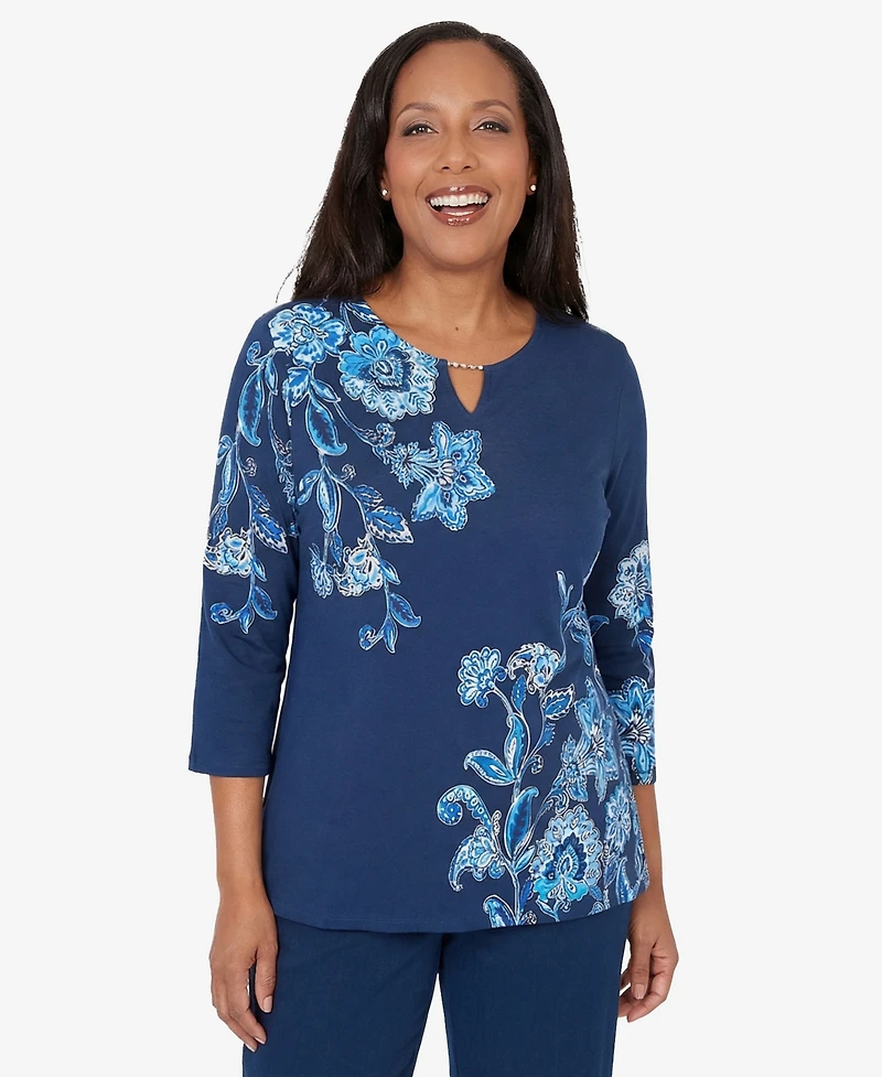 Alfred Dunner Women's Mykonos Asymmetrical Floral Split Beaded Neck Top