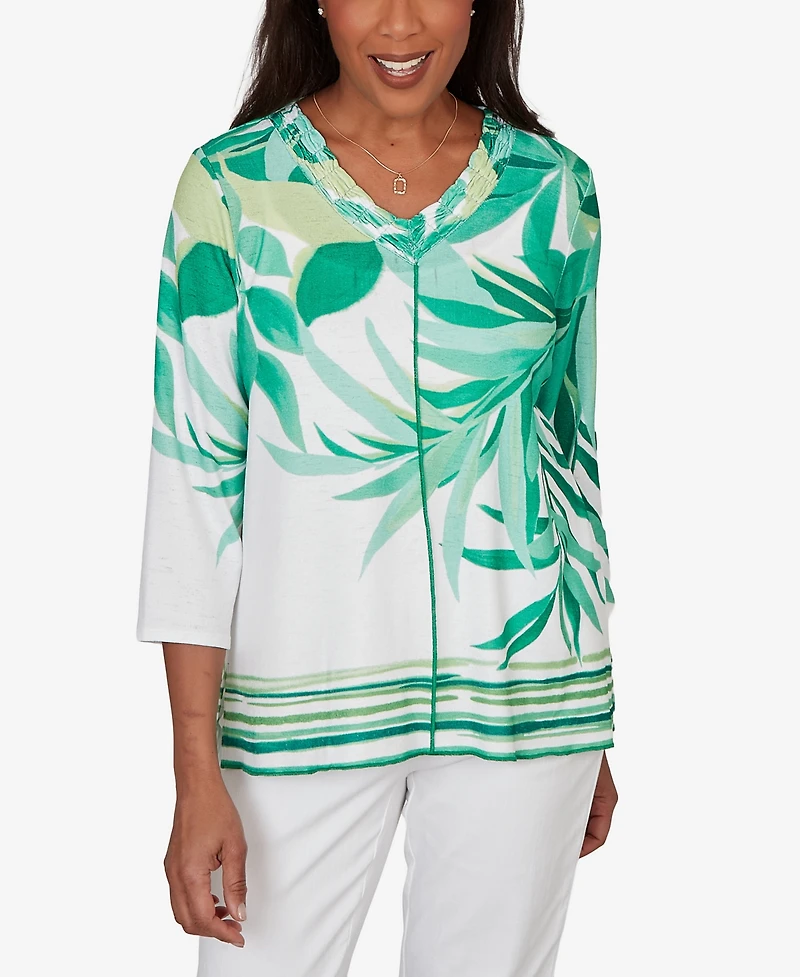 Alfred Dunner Women's Resort Living Artisan Leaf Bordered V-Neck Top