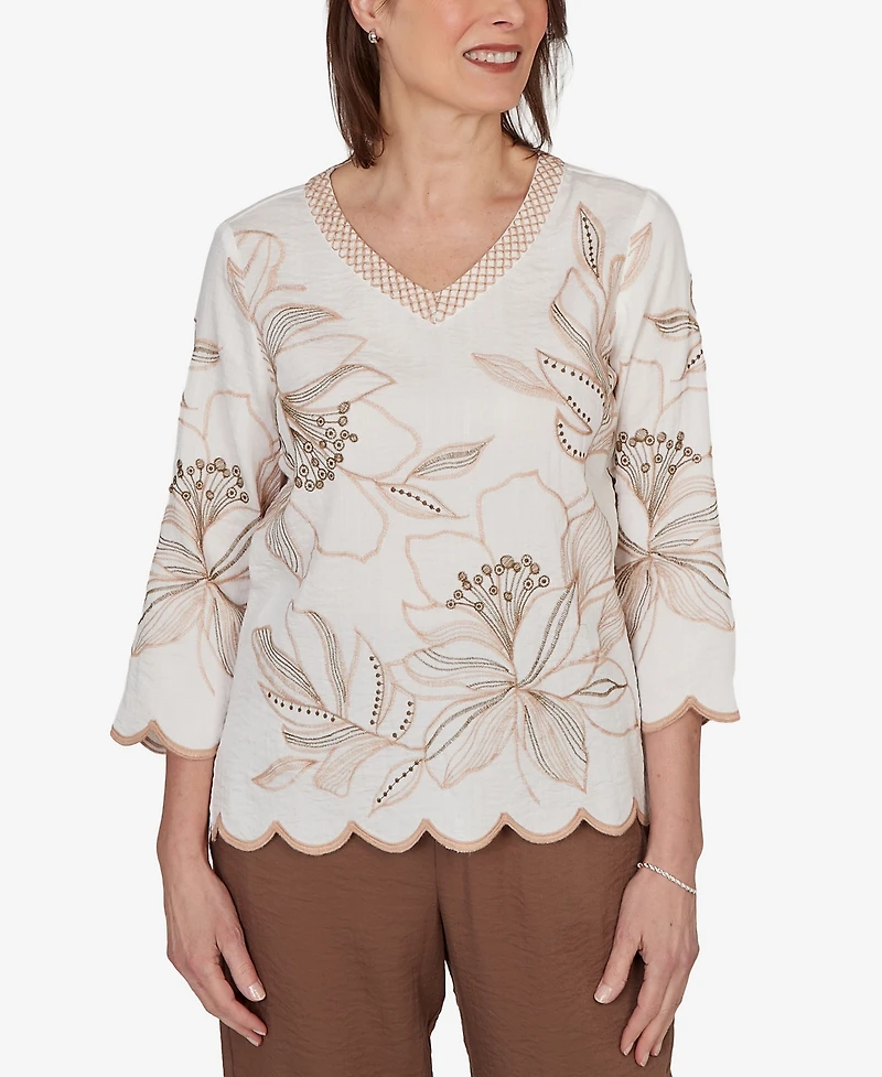 Alfred Dunner Women's Spice Market Embroidered Floral V-Neck Textured Top