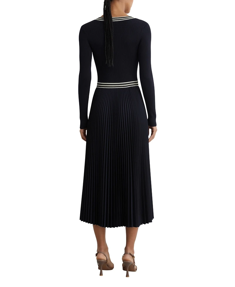Reiss Women's Rib-Knit Stripe-Trim Pleated Midi Dress