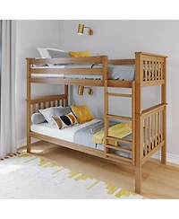 Max and Lily Twin over Bunk Bed for Kids, Solid Wood Beds with Ladder, Pecan