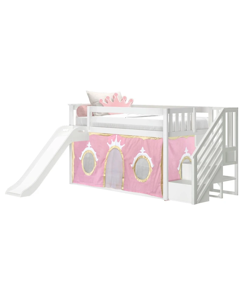 Max & Lily Low Twin over Bunk With Stairs, Easy Slide and Gold Princess Curtain