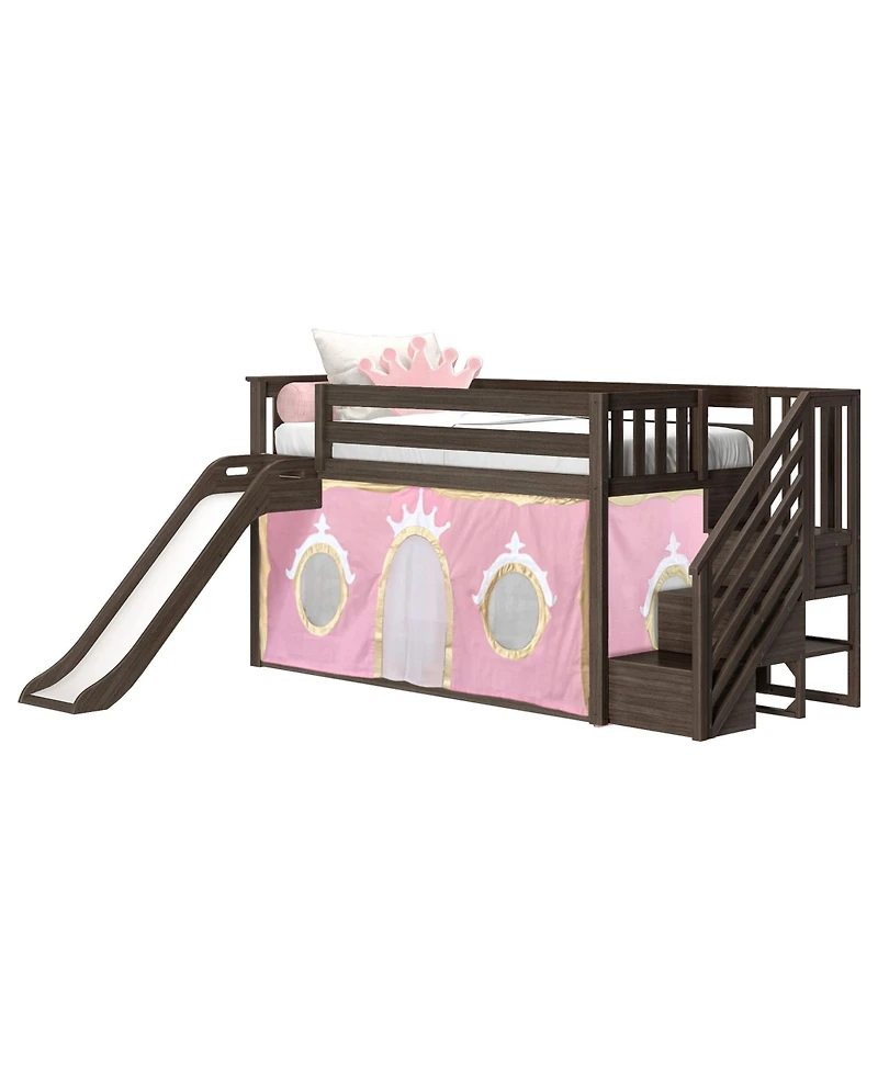 Max & Lily Low Twin over Bunk With Stairs, Easy Slide and Gold Princess Curtain