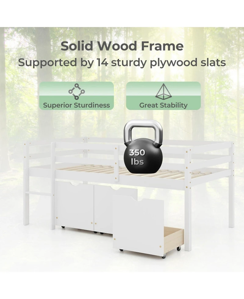 Gouun Twin Low Loft Bed with 3 Storage Drawers, Ladder and Full-Length Guardrails