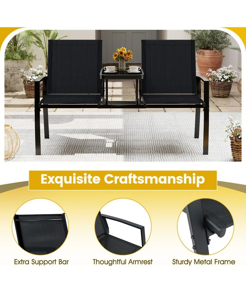 Gouun 2-Person Patio Loveseat with Tempered Glass Built-in Table