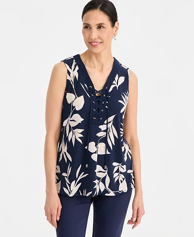 Jm Collection Women's Printed Lace-Up Sleeveless Top, Macy's Exclusive