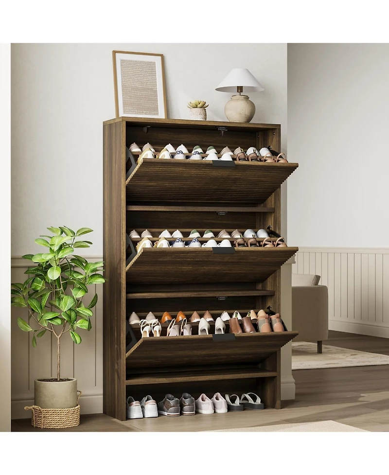 Homfan Fluted Shoe Cabinet with 3 Flip Drawers, Wide Slim Entryway Storage