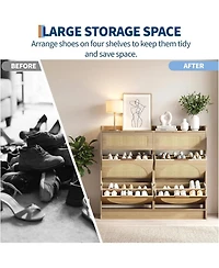 Homfan Rattan Shoe Cabinet with Adjustable Shelves and Metal Handles, Narrow Entryway Storage