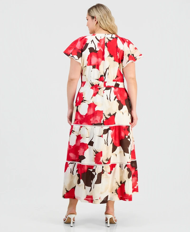 Anne Klein Plus Printed Cotton Flutter-Sleeve Maxi Dress
