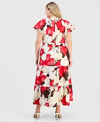 Anne Klein Plus Printed Cotton Flutter-Sleeve Maxi Dress