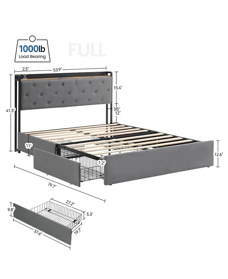 Homfan Bed Frame with Four Storage Drawers and Usb Charging Station