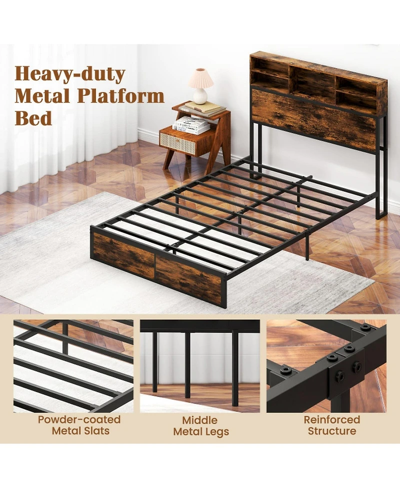 Gouun Full Metal and Wood Platform Bed Frame with Storage Drawers and Headboard and Industrial Design