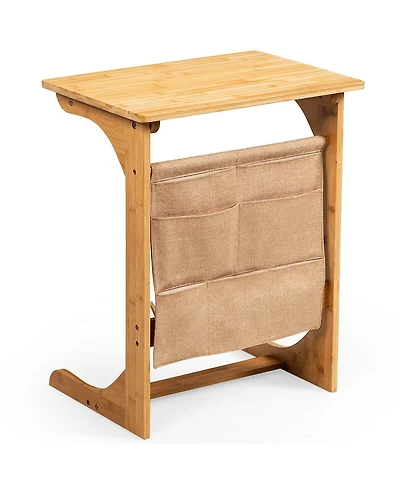 Sugift Bamboo Sofa Side Table with Storage Pocket Design
