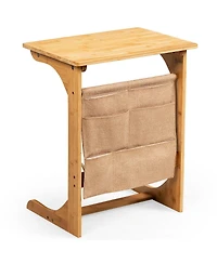 Sugift Bamboo Sofa Side Table with Storage Pocket Design
