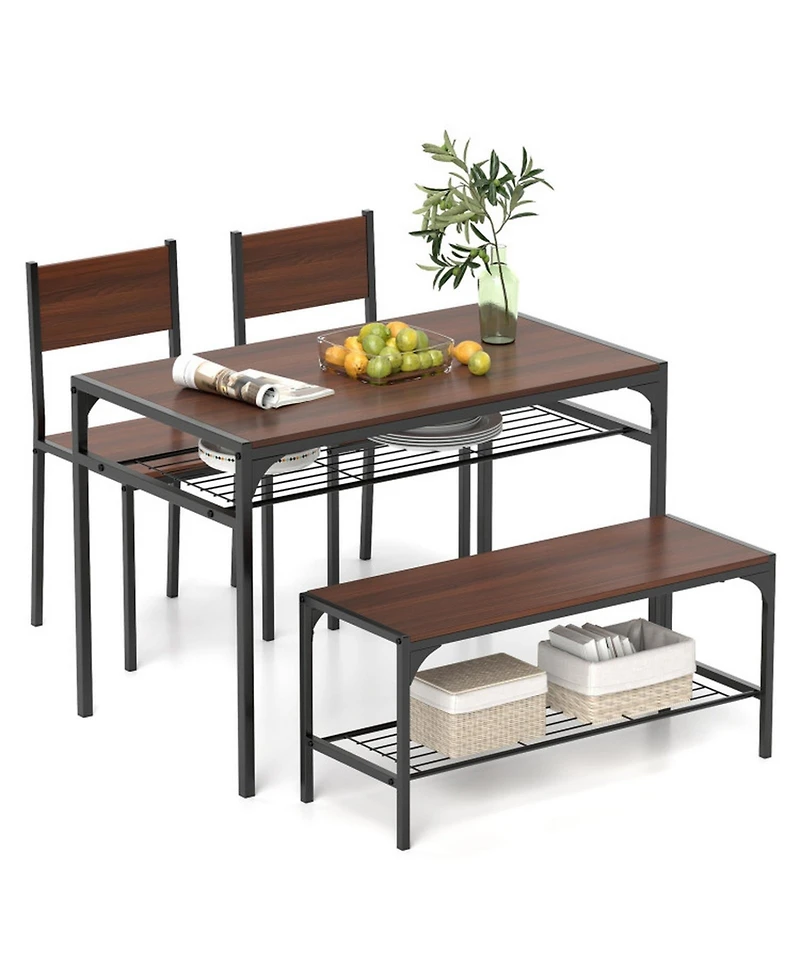 Gouun 4-Piece Industrial Dining Table Set with Bench, Chairs and Storage