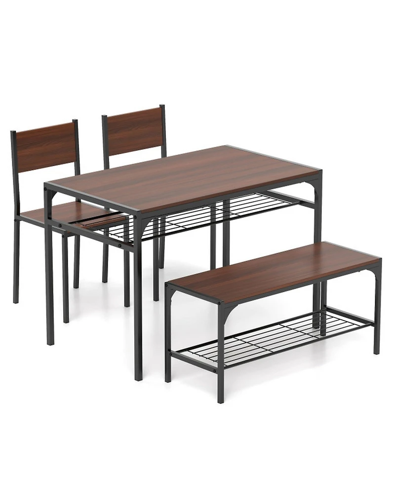 Gouun 4-Piece Industrial Dining Table Set with Bench, Chairs and Storage