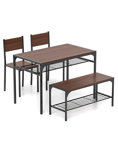 Gouun 4-Piece Industrial Dining Table Set with Bench, Chairs and Storage