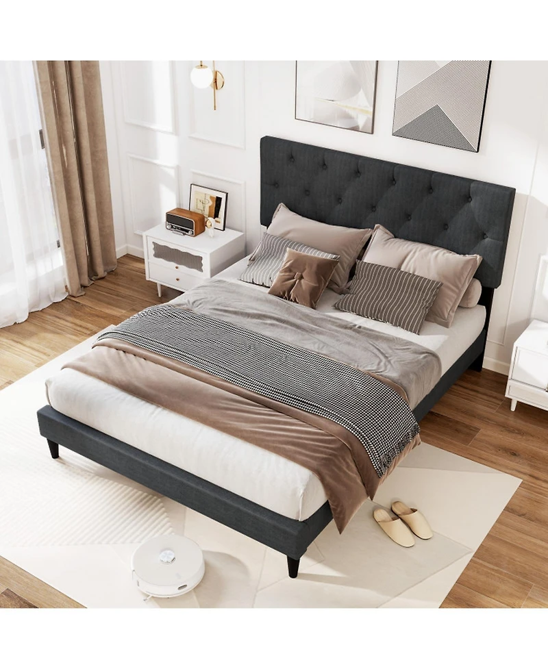 Gouun Full Linen Upholstered Platform Bed Frame with Tufted Headboard
