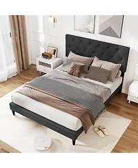 Gouun Full Linen Upholstered Platform Bed Frame with Tufted Headboard