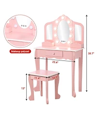 Homfan Kids Vanity Set with Lighted Tri Fold Mirror, Wooden Pretend Play Dressing Table Stool, Storage Drawer & Adjustable Led Modes