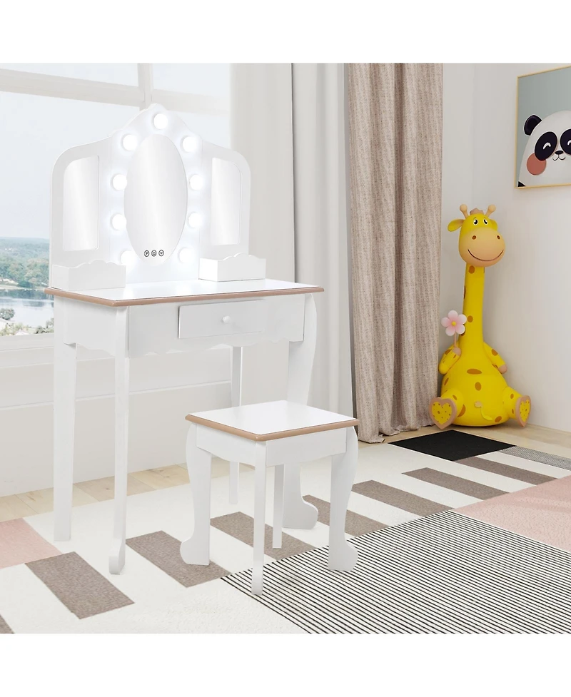 Homfan Kids Vanity Set with Lighted Tri Fold Mirror, Wooden Pretend Play Dressing Table Stool, Storage Drawer & Adjustable Led Modes