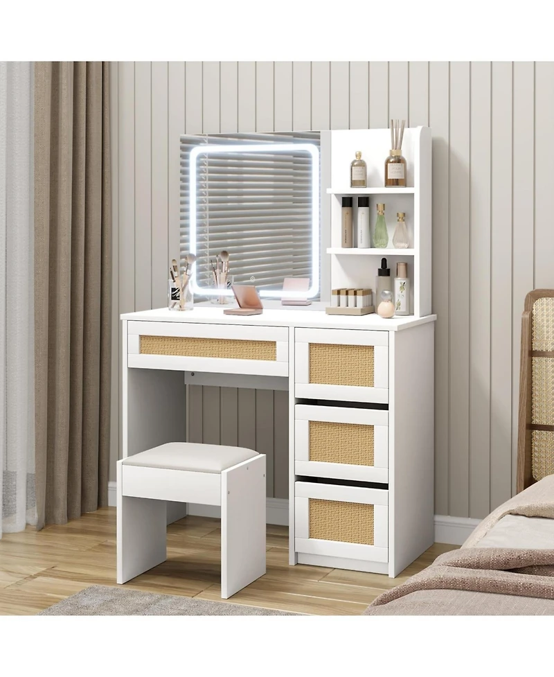Homfan Rattan Vanity with Mirror, Makeup Vanity Desk with Adjustable Led Light, Large Storage Space and4 Drawers, 2 Tiers of Open Shelves for Bedroom