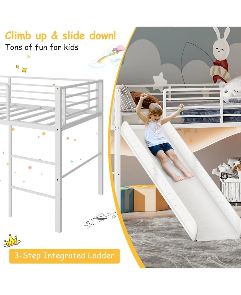 Gouun Twin Metal Loft Bed with Slide, Built-In Ladder and Safety Guardrails