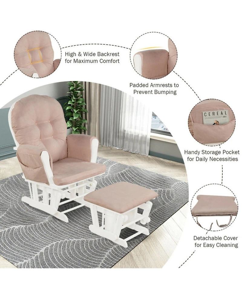 Gouun 29.5 x 28.5 in. Wood Glider with Ottoman, Storage Pocket and Detachable Cushion
