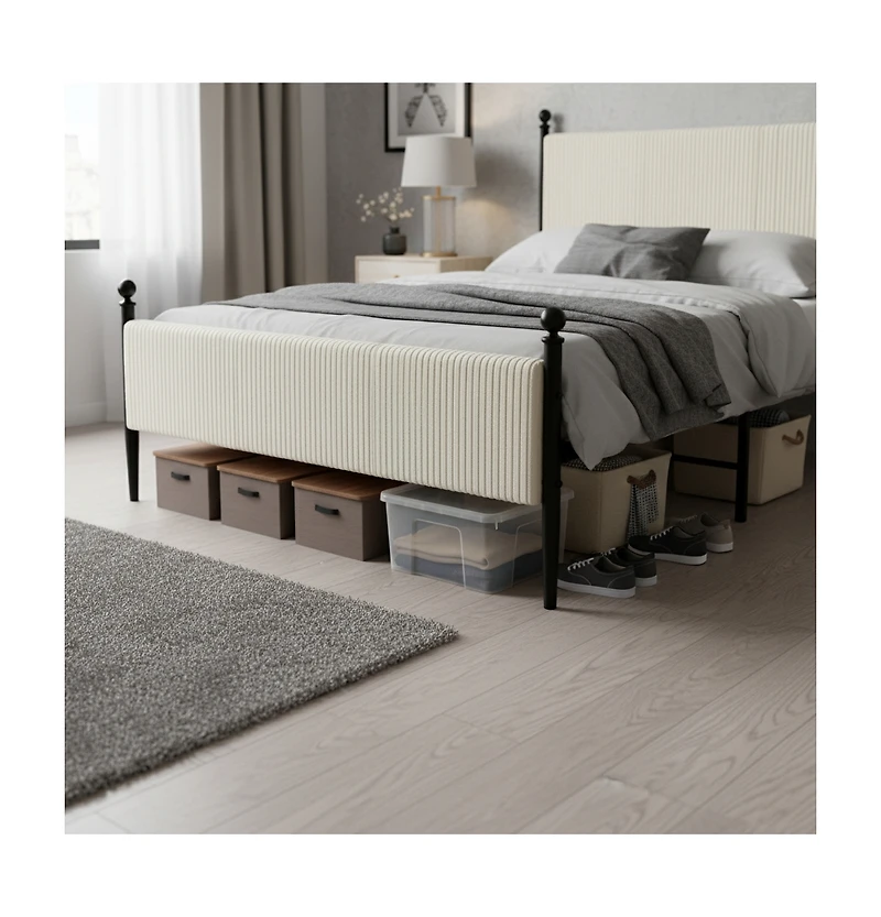 Homfan Modern Corduroy Upholstered Bed Frame with Vertical Striped Headboard, Wooden Slats, Metal Legs
