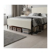Homfan Modern Corduroy Upholstered Bed Frame with Vertical Striped Headboard, Wooden Slats, Metal Legs