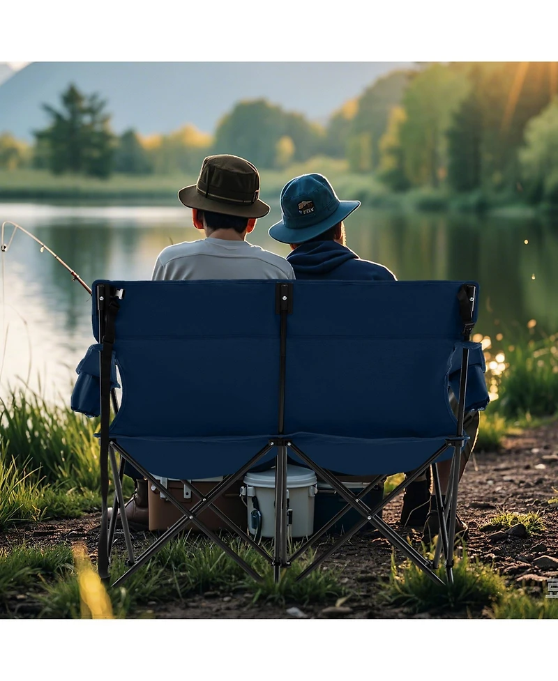 Sugift Double Camping Chair Two Person Folding Loveseat with Cup Holders