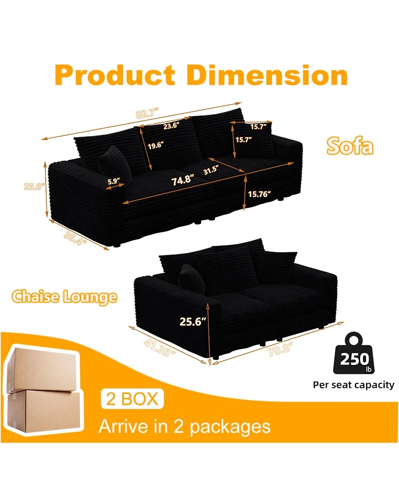 Rainsken 3-Seater Corduroy Couch, 82.7" Convertible Deep Lounge Seat, Comfortable Upholstered Sofa with Soft Pillows for Living Room Use