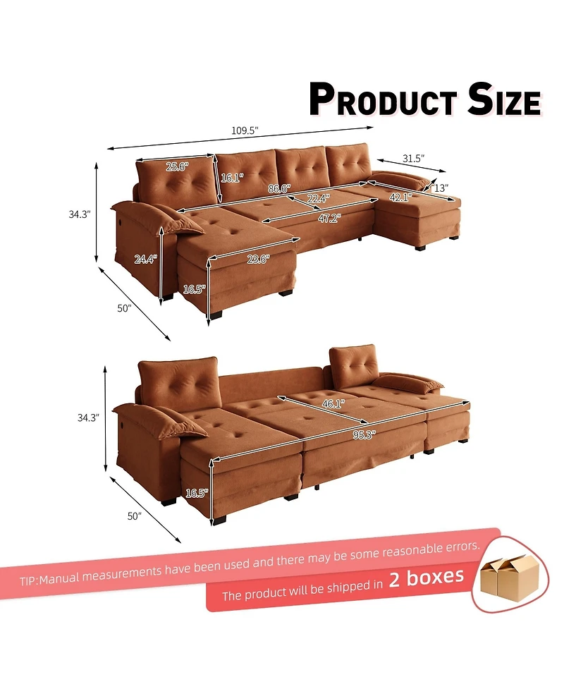 Rainsken 109.5" Convertible U-Shaped Sofa, Oversized Modular Sectional Sleeper with Pull Out Bed, Removable Armrests and Usb Ports for Living Room
