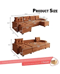 Rainsken 109.5" Convertible U-Shaped Sofa, Oversized Modular Sectional Sleeper with Pull Out Bed, Removable Armrests and Usb Ports for Living Room