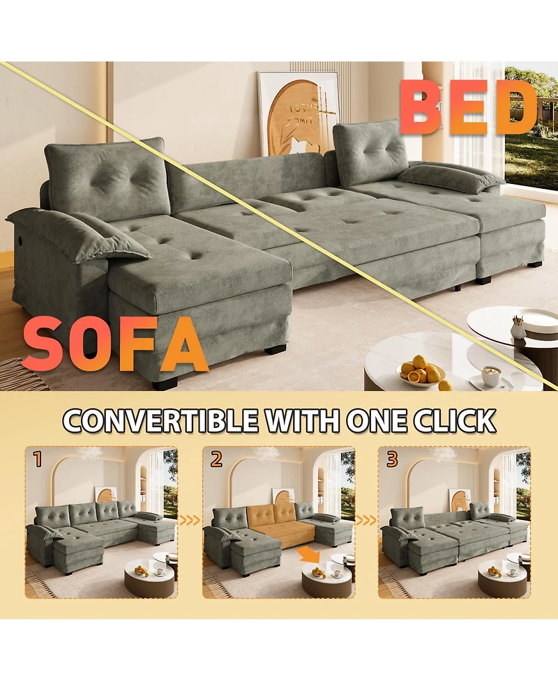 Rainsken Oversized U-Shaped Sofa Bed, Modular Sectional Couch with Pull-Out Sleeping Area, Detachable Armrests and Usb Ports for Living Room